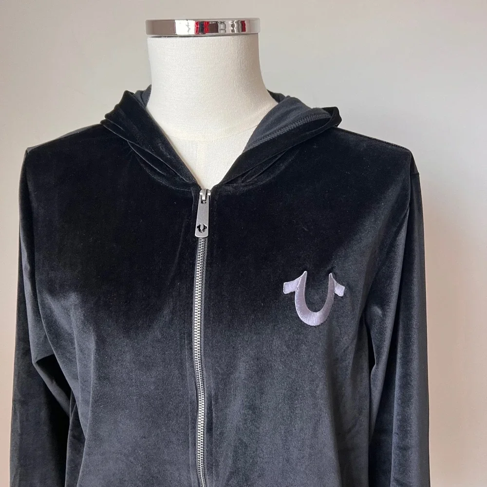 True Religion Mens Black Velour Zip Up Hoodie Horseshoe Velvet Logo‎ Black NWOT